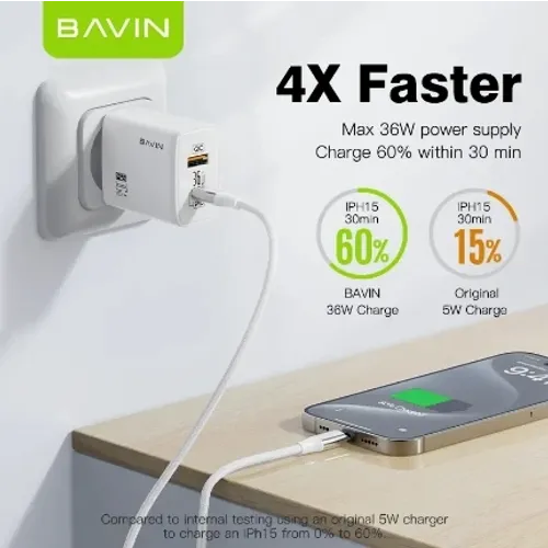 Bavin punjač 36W USB-A + USB-C bela slika 3