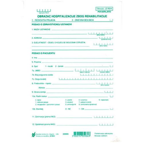 JZ-REH OBRAZAC HOSPITALIZACIJE ZBOG REHABILITACIJE (Obrazac JZ - REH); List, 14,8 x 21 cm slika 1