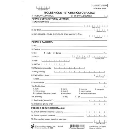 JZ-BSO BOLESNIČKO - STATISTIČI OBRAZAC; List, 14,8 x 21 cm slika 2