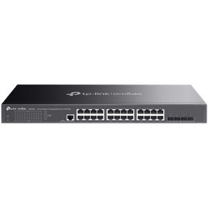 TP-Link SG3428 Omada 24-Port Gigabit L2+ Managed Switch with 4 SFP Slots, 24× Gigabit RJ45 ports and 4× Gigabit SFP slots, Omada APP, Static Routing, VLAN, ACL, QoS, IGMP Snooping, OAM, DDM, ERPS, Fanless, 1U, Zero-TouchProvisioning, ERPS