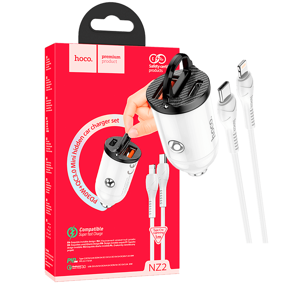 hoco. Auto punjač sa Lightning kabelom, PD + QC3.0, 2 x USB, 4.8 A - NZ2 Link, type C-Lightning, White slika 1
