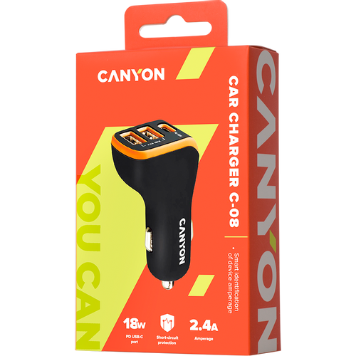 CANYON Universal 3xUSB car adapter, Input 12V-24V, Output DC USB-A 5V/2.4A(Max) + Type-C PD 18W, with Smart IC, Black+Orange with rubber coating, 71*39*26.2mm, 0.028kg slika 3