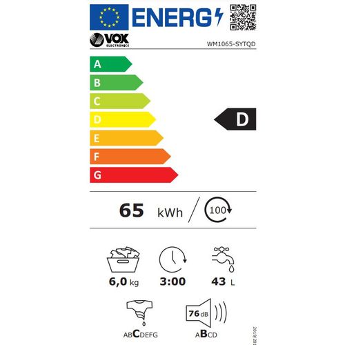 Vox WM1065-SYTQD Veš mašina, 6 kg, 1000 rpm, Dubina 41.6 cm slika 8