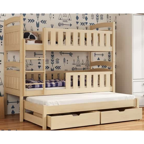 Drveni dječji krevet na kat Anatol s tri kreveta i ladicom - svijetlo drvo - 180*80 cm slika 1