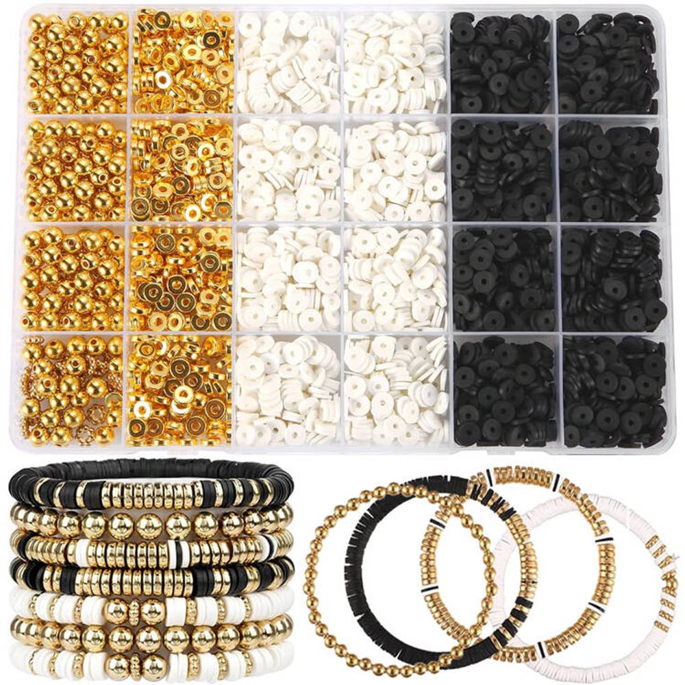 DIY set perli za narukvice prijateljstva od polimernih glina, bijele, crne i zlatne slika 1