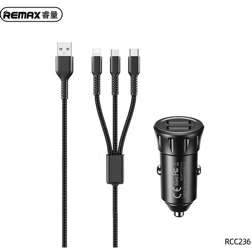 Remax Auto punjac 2.4A 2xUSB+ kabl 3 u 1 RCC236, crni  slika 1