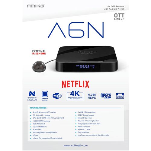 Amiko Prijemnik IPTV, Android, Netflix, 1 GB/8 GB, 4K, WiFi - A6N slika 4