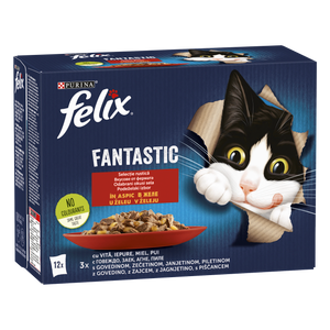 FELIX Fantastic Odabrani okusi sela u želeu, potpuna hrana za kućne ljubimce, za odrasle mačke, mokra hrana s govedinom, zečetinom, janjetinom i piletinom  u želeu, 12x85g