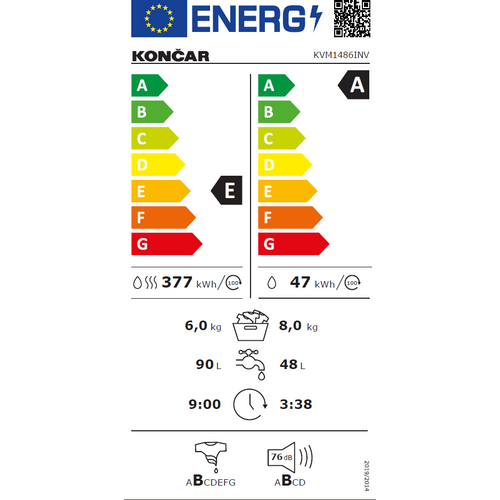 Končar KVM1486INV Mašina za pranje i sušenje veša, 8/6 kg, 1400 rpm, Inverter, Dubina 58 cm slika 2