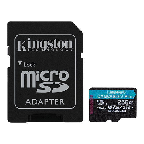 Kingston SDCG3/256GB MicroSD 256GB, Canvas Go! Plus, Class10 UHS-I U3 V30 A2, Read up to 170MB/s, Write up to 90MB/s, for 4K and FullHD video recording, w/SD adapter slika 1