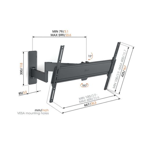 Vogels TVM1643, zidni nosač za ekrane od 40"-77", nagib 15° pomak 180°, do 35kg slika 2