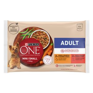 Purina ONE® Adult, 12x(4x100g) s piletinom, mrkvom i mahunama u umaku s govedinom, krumpirom i graškom u umaku (paket) 