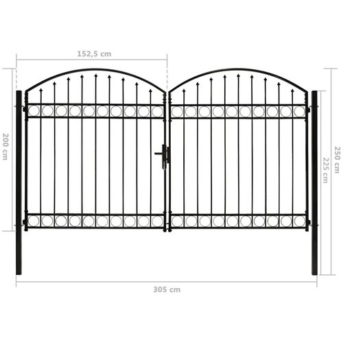 Dvostruka vrata za ogradu s lučnim vrhom čelična 300x200 cm crna slika 10
