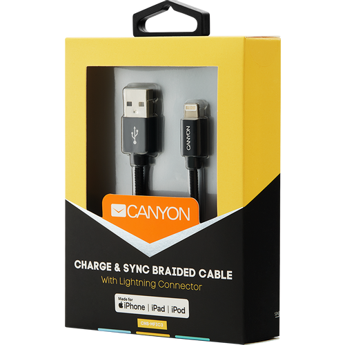 CANYON MFI-3 Charge &amp; Sync MFI braided cable with metalic shell, USB to lightning, certified by Apple, cable length 1m, OD2.8mm, Black slika 4