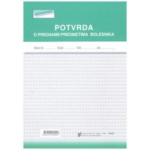 III-3 POTVRDA O PREDANIM PREDMETIMA BOLESNIKA; Blok 2 x 50 listova, 14,8 x 21 cm