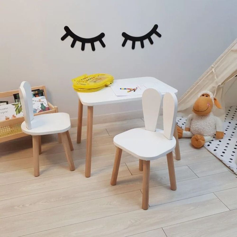 Kinder Home Drveni dječiji sto sa dvije stolice Bunny, Bijeli slika 14