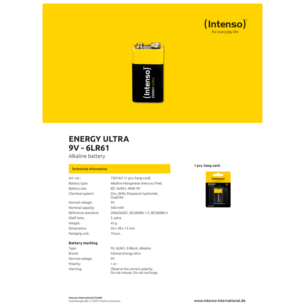(Intenso) Baterija alkalna, 6LR61, 9 V, blister 1 komad - 6LR61 / 9V slika 4