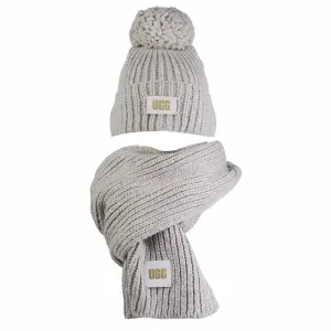 Ugg chunky rib knit beanie pom set 21883-lgry