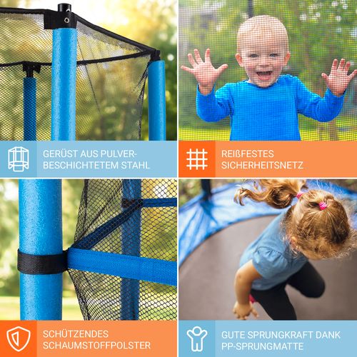 KLARFIT Rocketkid, 140 cm trampolin, unutarnja sigurnosna mreža, bungee opruge, plava slika 15