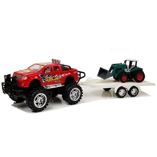 Set vozila Monster Truck s bagerom na prikolici crveno - zeleni slika 2