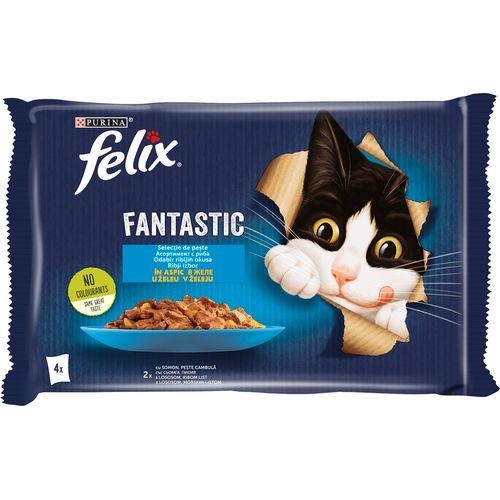 FELIX Fantastic Odabir ribljih okusa, potpuna hrana za kućne ljubimce, za odrasle mačke, mokra hrana s lososom u želeu i s listom u želeu, 4x85g slika 1