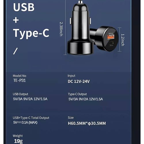 Techsuit - vrhunski auto punjač (CAPD028) - USB-A QC 3.0 i USB-C 38 W - crni slika 6