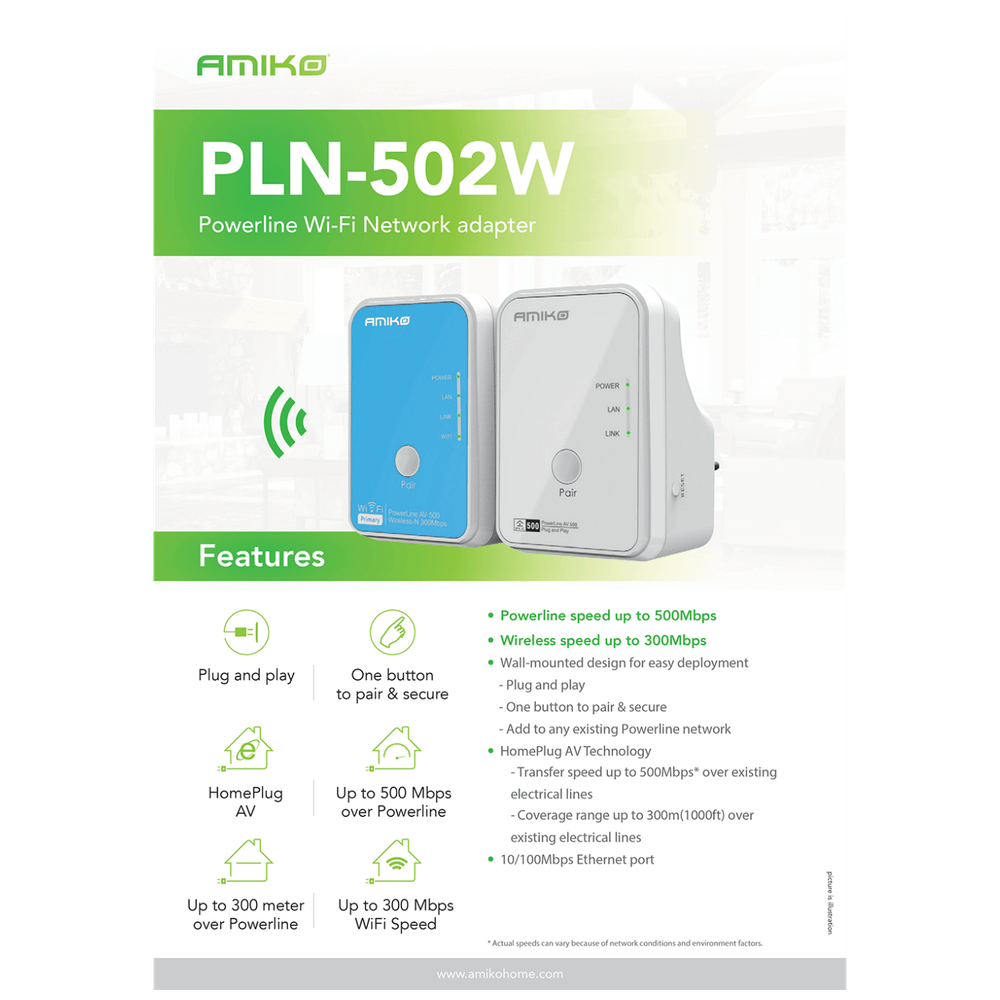 Amiko Mrežna strujna utičnica 500 Mbps, LAN / WiFi, set - PLN-502W slika 2