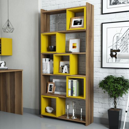 Woody Fashion Polica za knjige, Box - Walnut, Yellow slika 1