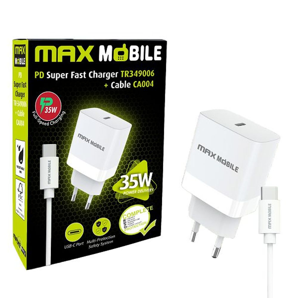 MAXMOBILE KUĆNI PUNJAČ PD SUPER FAST CHARGE 2U1 TYPE C+KABEL, TR349006 35W slika 1