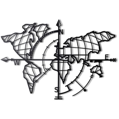 World Map Compass Led - Black Black Decorative Metal Wall Accessory slika 2