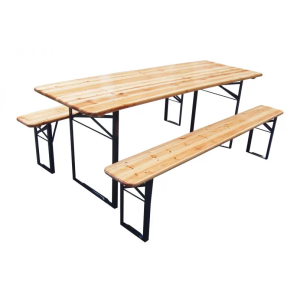 Stol i klupe drvene sa metalnim nosačima D180 x Š50 x V75 cm