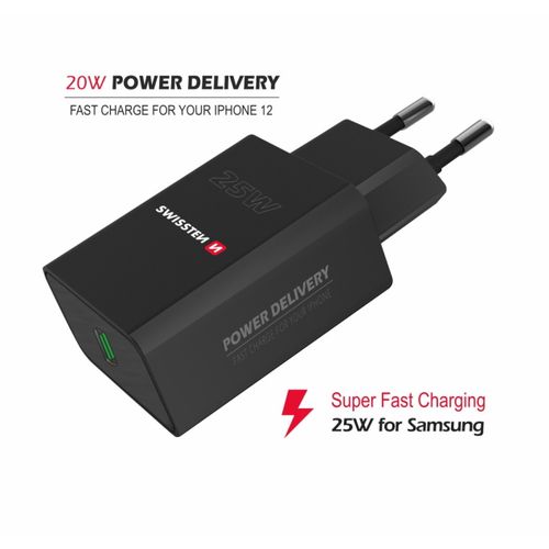 SWISSTEN punjač za AC220, 1xUSB-C, PD 25W, za iPhone i Samsung, crni slika 3