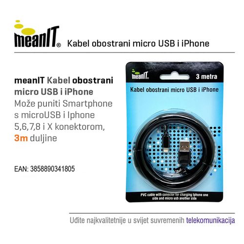 MeanIT USB kabl sa micro USB i iPhone priključkom, 3 met - KABEL MICROUSB / iPHONE slika 2