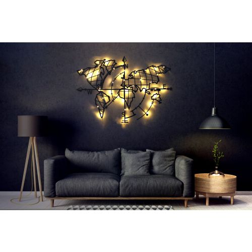 Wallity Metalna zidna dekoracija, World Map Compass Led - Black slika 11