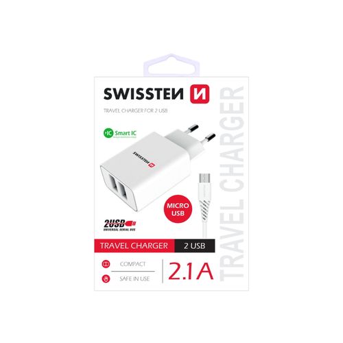 SWISSTEN punjač za AC220, 2xUSB, 2.1A, SMART IC, bijeli+ microUSB kabel slika 1