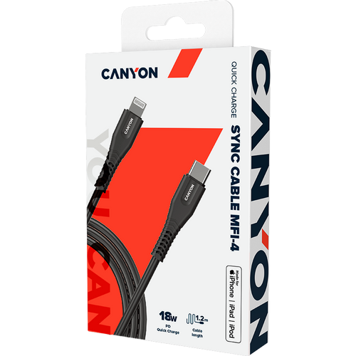 CANYON MFI-4 Type C Cable To MFI Lightning for Apple, PVC Mouling,Function：with full feature( data transmission and PD charging) Output:5V/2.4A , OD:3.5mm, cable length 1.2m, 0.026kg,Color:Black slika 5