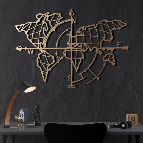 Wallity Metalna zidna dekoracija, World Map Compass Gold slika 1