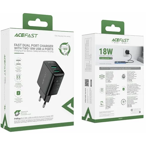 ACEFAST zidni punjač 2 x USB 3A QC18W A33 crni slika 4