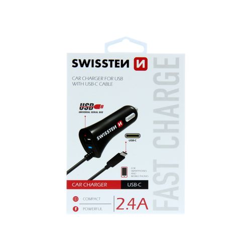 SWISSTEN punjač za auto, 1xUSB-C, 1xUSB + USB-C kabel, crni slika 1