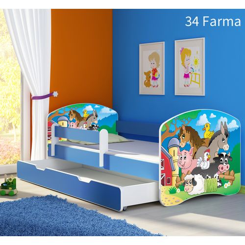 Dječji krevet ACMA s motivom, bočna plava + ladica 140x70 cm - 34 Farm slika 1