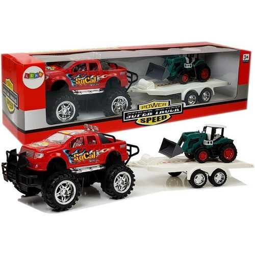 Set vozila Monster Truck s bagerom na prikolici, crveno-zeleni slika 1