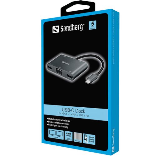 Sandberg USB-C Dock 2xHDMI + 1xVGA + USB + PD docking stanica slika 2