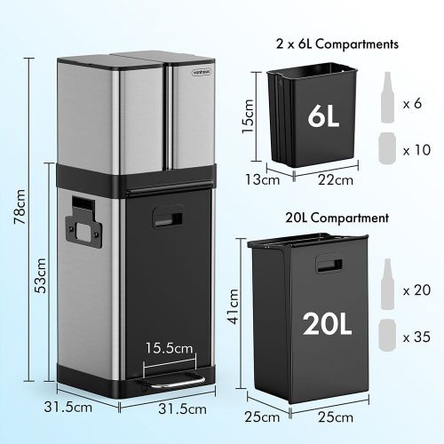 VonHaus trostruka kante za otpad od nehrđajućeg čelika 32L slika 2