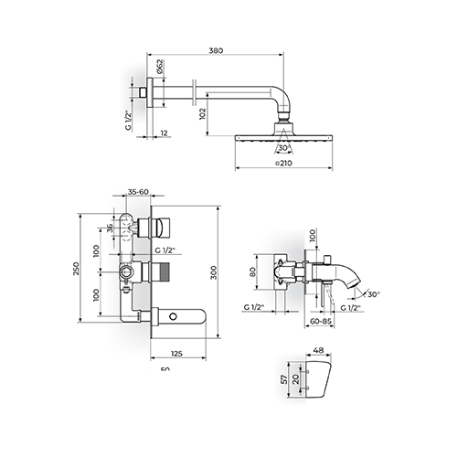 Rosan  S.2 BLACK Uzidna baterija sa izlivom i zidnim tušem 210x210mm i ručnim tušem slika 2