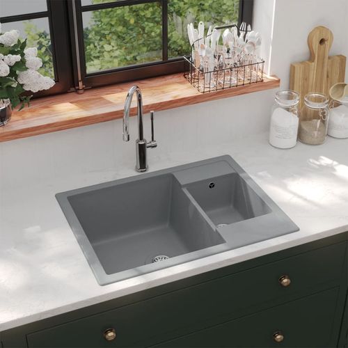 Kuhinjski sudoper s dvije kadice sivi granitni slika 35