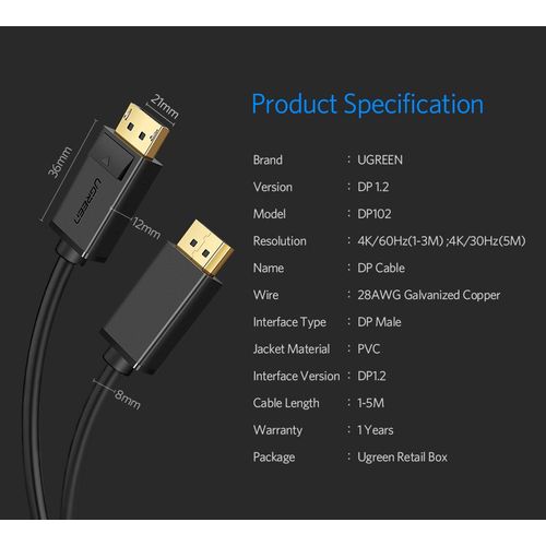 Ugreen DisplayPort 1.2 cable 2M - BOX slika 7