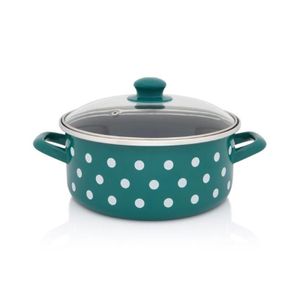 Metalac šerpa plitka sa staklenim poklopcem GREEN DOTS 20 cm / 2.75 l zeleno sa bijelim tufnama 