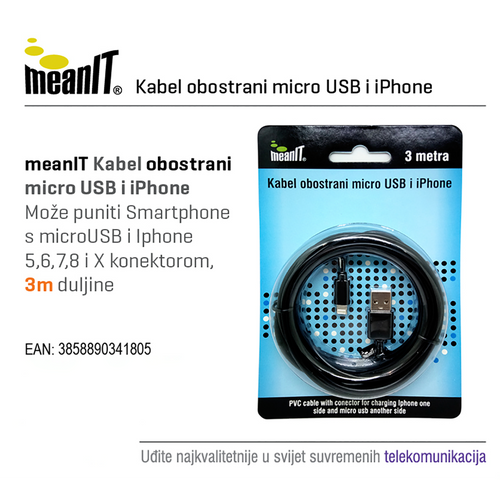 MeanIT USB kabl sa micro USB i iPhone priključkom, 3 met - KABEL MICROUSB / iPHONE slika 2