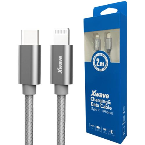 Xwave Kabl USB Tip-C za IPHONE 2M 3A,lightning aluminium,upleteni,tamno sivi slika 1