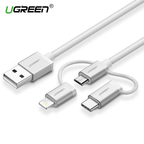 Kabel UGREEN, USB 2.0 A na Micro USB+Lightning+Type C (3 in 1), srebrni, 1.5m slika 1